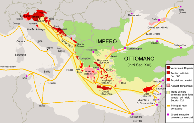 The dark red was original Venice, lighter red is territory they acquired.  Pink they held temporarily.  Yellow routes, and light yellow shade is where Venice dominated trade in the 1300s
